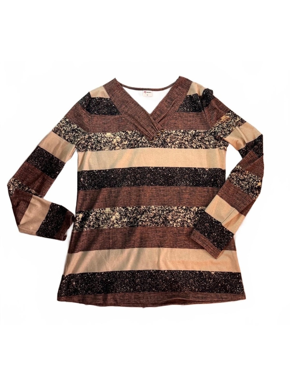 Winholl Womens M Brown Tan Black Stripe V Neck Long Sleeve Tunic Top Stretch